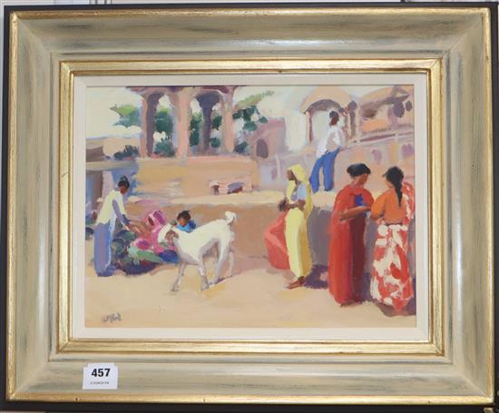 Lucy Pratt, oil on board, Goats in Market Bundi, signed, Ainscough Contemporary Art label verso, 29 x 39cm